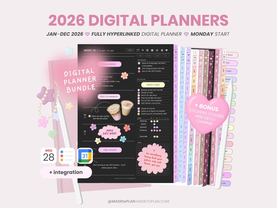 2026 Digital Planner Bundle | Dark Mode | Hyperlinked Dated Monthly ...