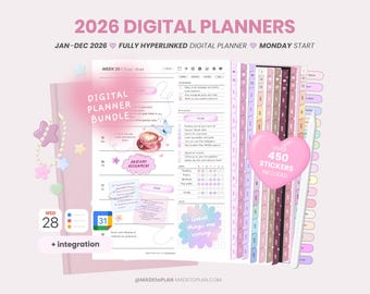 2026 Digital Planner Bundle | 2026 Hyperlinked Portrait Planner | Monthly Weekly Daily Planning | Cute Stickers iPad Goodnotes MADEtoPLAN