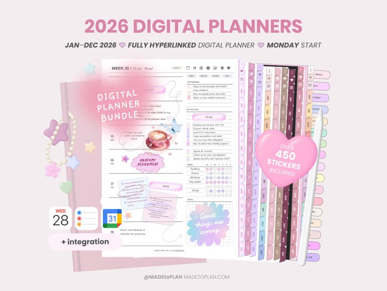 2026 Digital Planner Bundle | 2026 Hyperlinked Portrait Planner ...