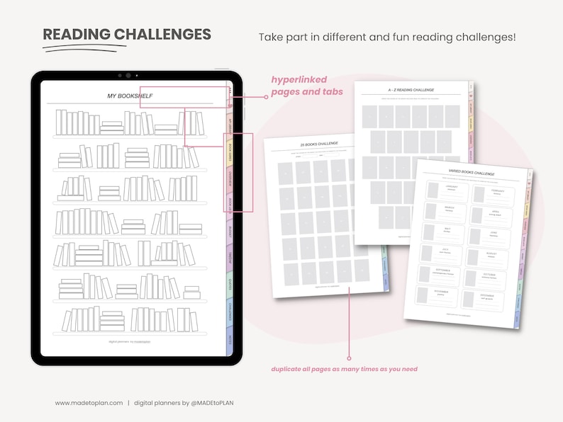 Pode incluir: Um planejador digital com um design de estante de livros e abas para diferentes desafios de leitura. O planejador inclui p&aacute;ginas para acompanhar os livros lidos, um desafio de leitura de A a Z e desafios de leitura tem&aacute;ticos.
