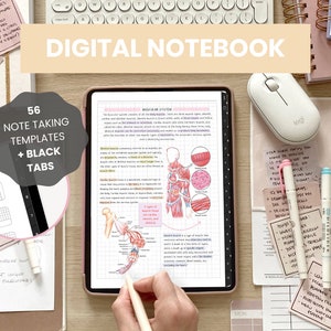 以下が含まれることがあります： ピンクと白の表紙のデジタルノートブックが、筋肉の図が描かれたページを開いています。ノートブックは、ペン、蛍光ペン、付箋などの文房具と一緒に木製のテーブルの上に置かれています。ノートブックの上にピンクの横断幕に「DIGITAL NOTEBOOK」と書いてあります。