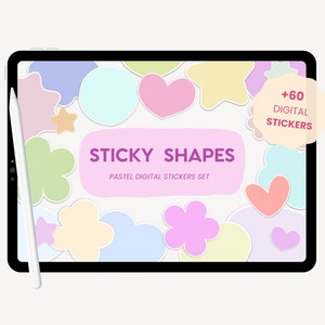 May include: A digital tablet screen displaying a set of over 60 pastel colored digital stickers in various shapes, including stars, hearts, flowers, and clouds. The text "STICKY SHAPES PASTEL DIGITAL STICKERS SET" is displayed on the screen.