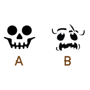 May include: Two black and white pumpkin carving stencils. Stencil A is a skull with a toothy grin. Stencil B is a scared face with a single eyebrow raised.