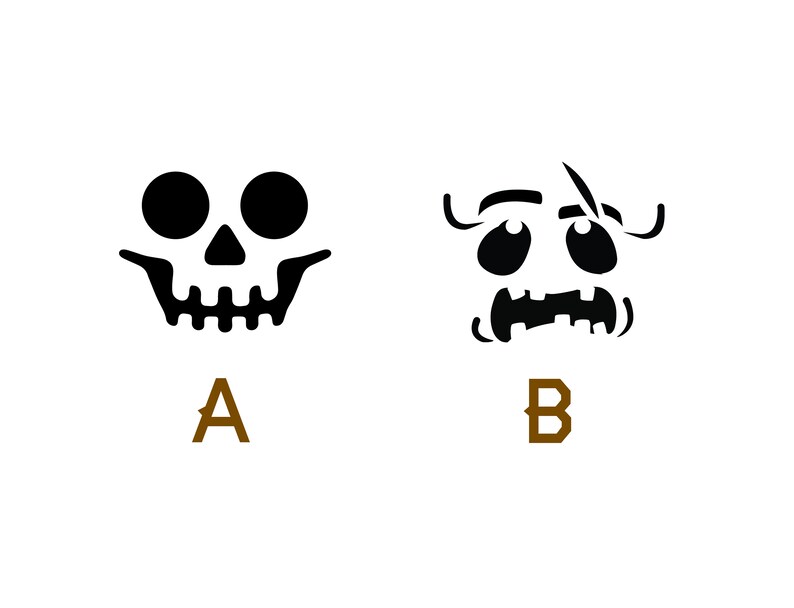 May include: Two black and white pumpkin carving stencils. Stencil A is a skull with a toothy grin. Stencil B is a scared face with a single eyebrow raised.