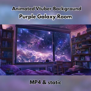 Puede incluir: Fondo animado para Vtuber, con una habitación galáctica púrpura. La imagen muestra una gran ventana con vista a un cielo estrellado, estanterías, una cama y el texto "MP4 & static".