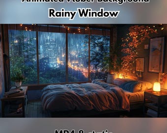 Pode incluir: Um fundo animado para Vtuber com uma cena de janela chuvosa. A imagem mostra um quarto com uma grande janela com vista para uma cidade à noite. A janela tem uma série de luzes e o texto "Rainy Window". A imagem está rotulada como "MP4 & static".