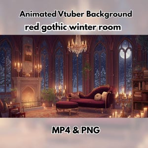 May include: An animated Vtuber background featuring a red gothic winter room. The image shows a cozy interior with a fireplace, a chaise lounge, and a chandelier. The text "MP4 & PNG" is displayed at the bottom.