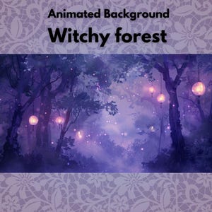 Può includere: Uno sfondo animato intitolato "Witchy forest" raffigura una scena di foresta mistica. L'immagine presenta alberi alti, globi luminosi e una morbida tavolozza di colori viola e blu. Il testo "Animated Background" è in alto, con "Witchy forest" sotto.