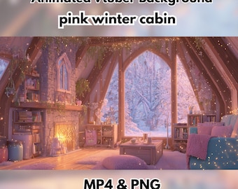 May include: An animated background for a Vtuber, depicting a pink winter cabin scene. The image features a cozy interior with a fireplace, bookshelves, and a large window overlooking a snowy landscape. Text on the image reads "Animated Vtuber Background pink winter cabin" and "MP4 & PNG".