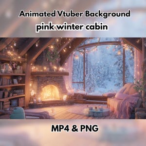 Puede incluir: Fondo animado de Vtuber que presenta un interior de cabaña de invierno rosa. La escena acogedora incluye una chimenea, estanterías y una ventana con vistas a un paisaje nevado. El texto "MP4 & PNG" se muestra en la parte inferior.