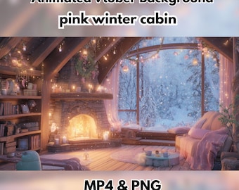 May include: An animated Vtuber background featuring a pink winter cabin interior. The cozy scene includes a fireplace, bookshelves, and a window overlooking a snowy landscape. The text "MP4 & PNG" is displayed at the bottom.