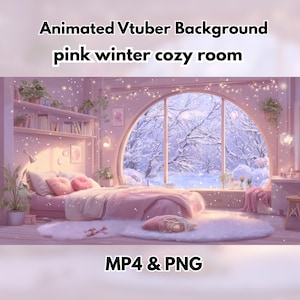 May include: A digital illustration of a pink winter cozy room, designed as an animated Vtuber background. The room features a large arched window overlooking a snowy landscape, a bed with pink bedding, and decorative lights. The image includes the text "Animated Vtuber Background pink winter cozy room" and "MP4 & PNG".