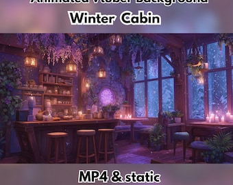 May include: An animated Vtuber background image of a winter cabin interior. The scene features a cozy bar area with stools, tables, and large windows overlooking a snowy landscape. The text "Winter Cabin" and "MP4 & static" are visible.
