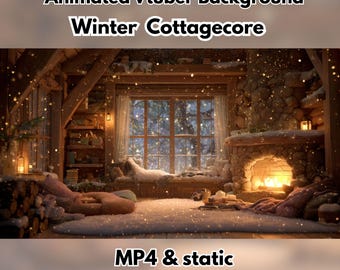 May include: An animated Vtuber background with a winter cottagecore theme. The image shows a cozy interior with a fireplace, window, and snow. The text "MP4 & static" is visible at the bottom.