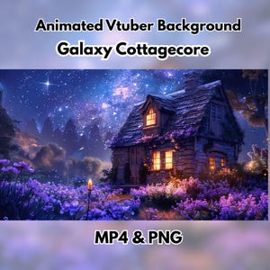 Może przedstawiać: Animowane tło dla VTuber z motywem domku pod gwieździstym niebem galaktyki. Obraz przedstawia kamienny domek z podświetlonymi oknami, otoczony fioletowymi kwiatami i świecą. Tekst na obrazie brzmi "Animated Vtuber Background Galaxy Cottagecore" i "MP4 & PNG".