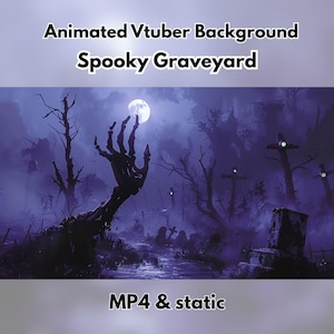 May include: A digital illustration of a spooky graveyard scene. A skeletal hand reaches towards a full moon. The background features tombstones, bare trees, and a misty atmosphere. Text at the top reads "Animated Vtuber Background Spooky Graveyard".