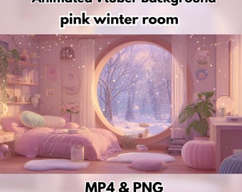 以下が含まれることがあります： Vtuber用のピンクの冬の部屋の背景のデジタルイラスト。部屋には、雪景色のある大きな丸い窓、ベッド、装飾要素があります。画像には「Animated Vtuber Background pink winter room」と「MP4＆PNG」と書かれています。