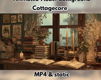 Peut inclure: Arrière-plan animé pour Vtuber sur le thème cottagecore. L'image présente un intérieur douillet avec des piles de livres, des bougies allumées et des compositions florales. Le texte sur l'image indique "MP4 & static Seamless Loop."