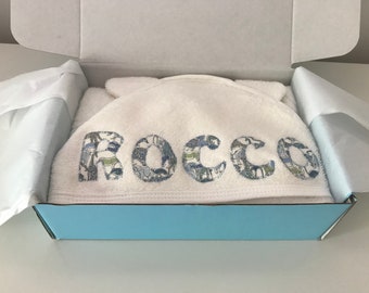 Liberty of London Personalised Hooded Towel, gift wrapped in a box
