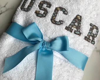 Personalised Bath Towel Custom made with Liberty Print fabric. Baby Gift, Baby Shower Bridesmaid Gifts, Wedding Gift