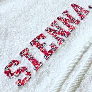 Personalised Bath Towel Custom made with Liberty of London Fabric, Baby Gift, Baby Shower, Wedding, Applique, 100% Eqyptian Cotton 600grms