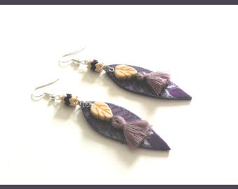 Earrings leaves leather "Purple leaf"