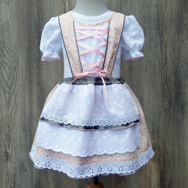 Rosefarbenes Taufkleid mit Puffärmel, Babysuit mit aufgenähtem Dirndlchen, Brautmädchen in rose und weiß, romantisches Taufgeschenk