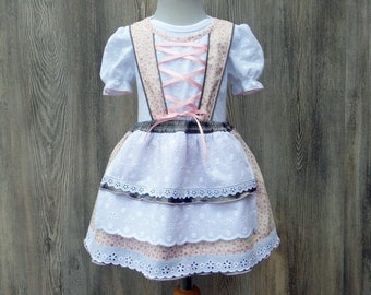 Rosefarbenes Taufkleid mit Puffärmel, Babysuit mit aufgenähtem Dirndlchen, Brautmädchen in rose und weiß, romantisches Taufgeschenk