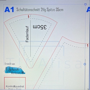 Könnte beinhalten: Ein Nähdiagramm mit dem Text "Schultütenschnitt 2tlg Spitze 35cm". Das Diagramm enthält ein fächerförmiges Design mit einem Maß von 35 cm, eine "Fadenlauf"-Anzeige und ein kleines Logo. Das Muster ist für einen kegelförmigen Artikel.