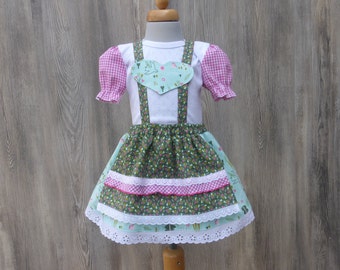 Traditional bridal maid dress in mint and green patterns, christening dress with pink checked puff sleeves