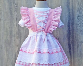 Babydirndl rosakariert, rosa Rüschendirndl, bayerische Hochzeit, Oktoberfest mit Baby, Taufdirndl, Babyoutfit Bayern