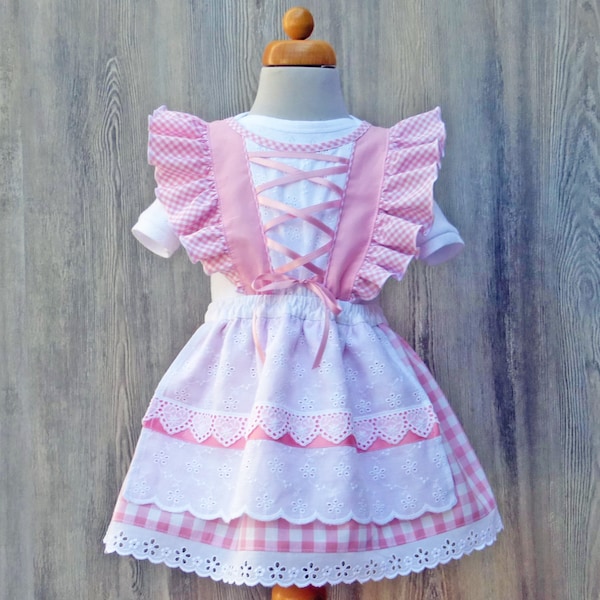 Babydirndl rosakariert, rosa Rüschendirndl, bayerische Hochzeit, Oktoberfest mit Baby, Taufdirndl, Babyoutfit Bayern