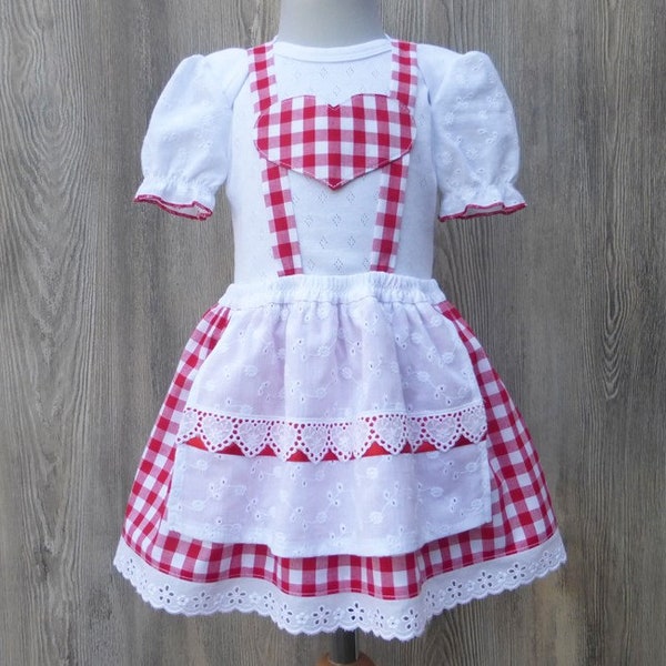 Taufdirndl aus rotem Vichykaro, rotes Karodirndl fürs Baby, Oktoberfest mit Kleinkind, rotkariertes Dirndl mit Puffärmeln