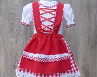 Red christening dress with puffed sleeves, baby suit with sewn-on dirndl, bridesmaid dress in red and white
