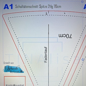 Könnte beinhalten: Ein Schnittmuster-Diagramm mit roten und schwarzen Linien auf weißem Hintergrund. Der Text enthält "A1 Schultütenschnitt Spitze 2tlg 70cm" und "Fadenlauf". Die Maße sind 70 cm.