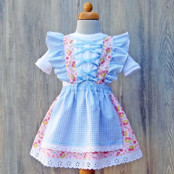 Baby dirndl with pink pattern and light blue checkered, ruffled dirndl, Bavarian wedding, Oktoberfest with baby, baby outfit Bavaria
