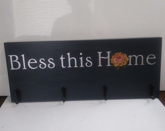 Wood Coat Rack "Bless this Home"