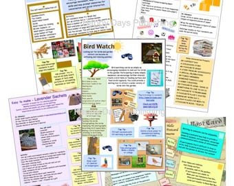 May include: A collection of colorful activity sheets titled "Wash Day," "Bird Watch," "Easy to make - Lavender Sachets," and "Pass the Parcel Talking Tips." The sheets are designed for care and dementia homes, with the text "Happy Days Activities for Care & Dementia Homes."