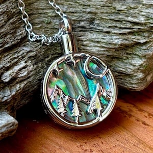 Abalone Cremation Urn Necklace: Mountain Forest Stainless Steel Ashes Pendant
