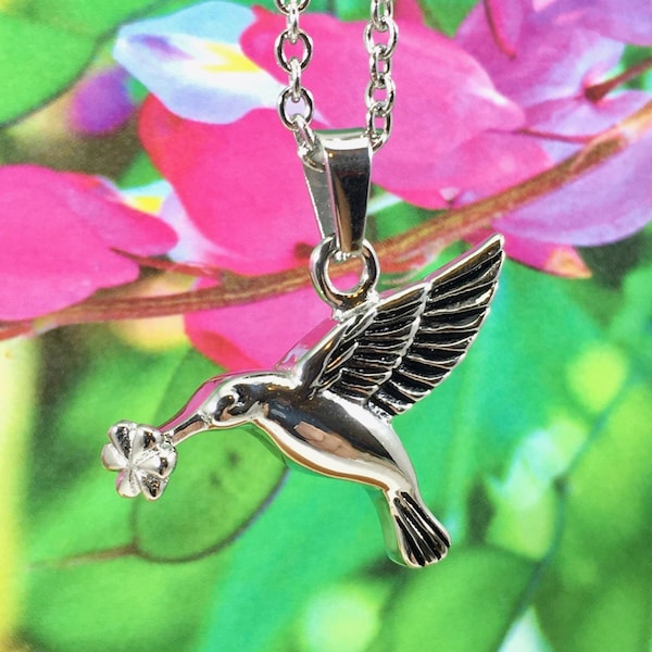 Hummingbird & Flower Solid Stainless Steel Cremation Pendant Necklace