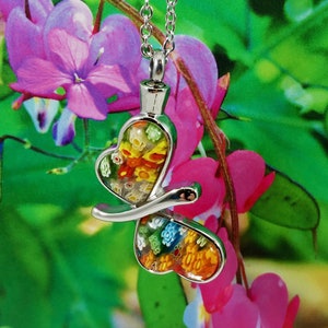 Butterfly Cremation Pendant: Millefiori Wings, Stainless Steel Urn Necklace