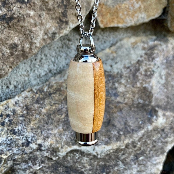 Hand Turned Black Cherry & Figured Maple Wood With Stainless Steel Cremation Jewelry | Urn Necklace