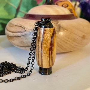 Zebra Wood Cremation Pendant: Hand Turned Stainless Steel Necklace