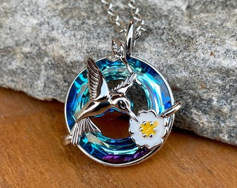 Hummingbird Cremation Pendant: Blue Crystal Ashes Necklace, Urn Jewelry