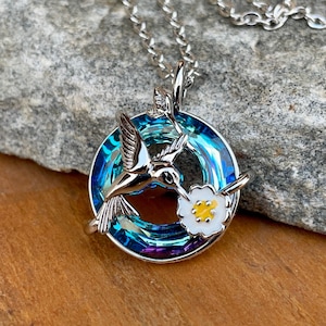 Hummingbird Cremation Pendant: Blue Crystal Ashes Necklace, Urn Jewelry