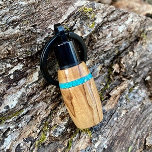 Bethlehem Olive Wood & Turquoise Inlay On Black Stainless Steel Cremation Keychain | Cremation Jewelry | Ashes Necklace