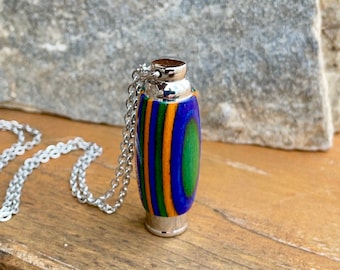 Green Blue Orange Laminate Wood & Stainless Steel Cremation Jewelry Keepsake Urn Ashes Necklace For Men and Women