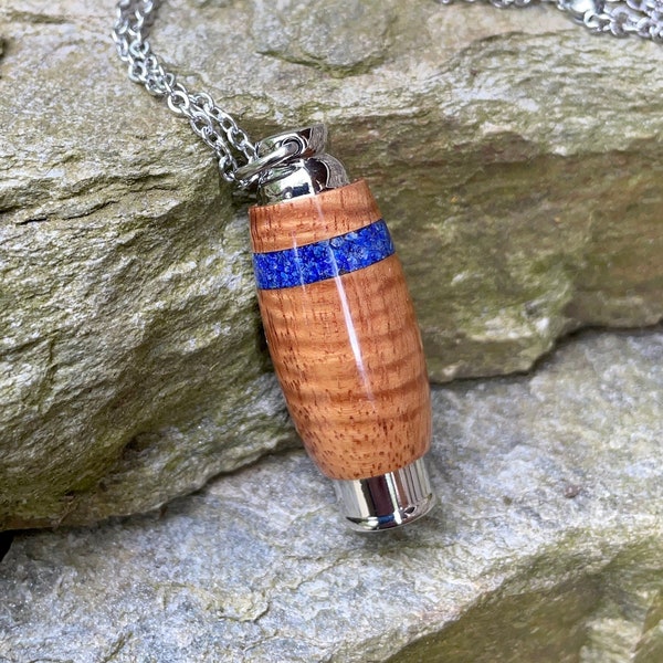 Hawaiian Curly Koa Wood & Stainless Steel Core With Lapis Lazuli Inlay Cremation Jewelry | Cremation Pendant | Urn Necklace