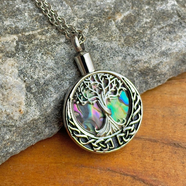 Celtic Tree Of Life Stainless Steel With Abalone Background Cremation Jewelry | Ashes Necklace | Urn Jewelry For Ashes