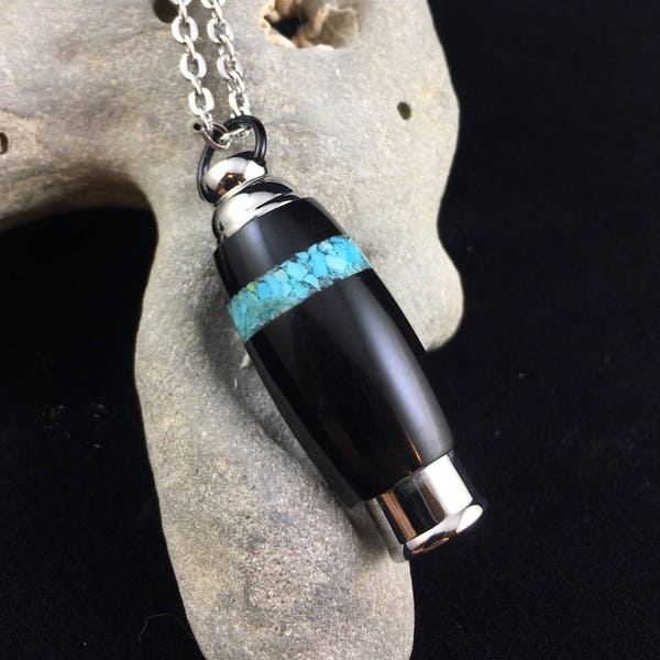 Custom Cremation Jewelry Stainless Steel And Gabon Ebony With Turquoise Inlay Ashes Pendant | Urn Necklace | Urn Jewelry